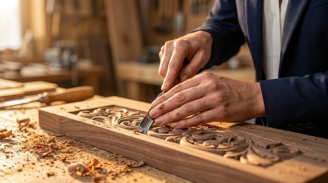 Close-up of artisan hands carving intricate patterns into wood