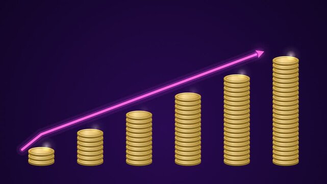Financial Growth Concept Video Clip Showing Stacks of Gold Coins Increasing Over Time with a Rising Pink Arrow