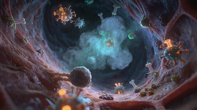 Extending immune cell sensing glowing virus, reaching and pulling it into lumen emitting cyan cloud