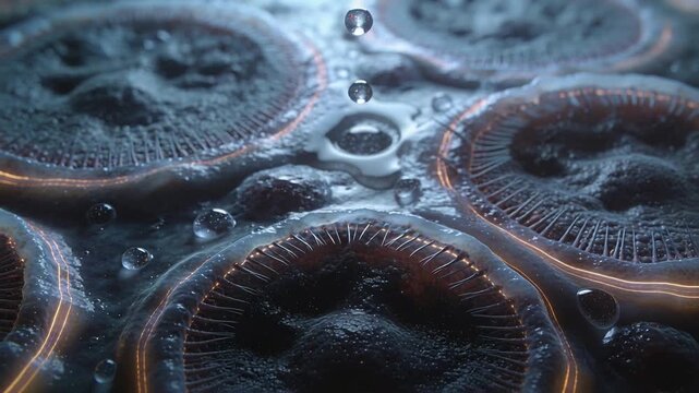 Detaching central water droplet creating crown and tiny beads in star-pit on pads with warm traces