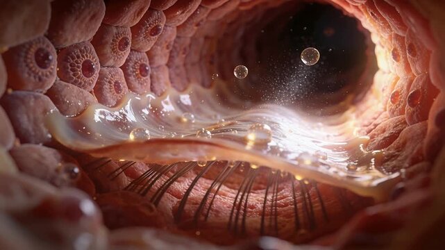 Advancing mucus film with droplets and bubbles, cilia beating clearing airway lumen toward opening