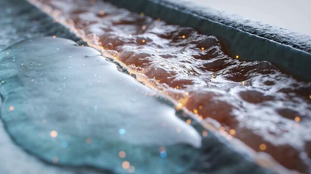 Flowing teal-orange fluids meeting seam, forming bridge via tension, drifting embers in trough