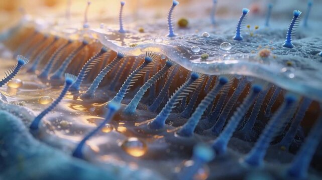 Gliding thin membrane pressing central blue filaments on macro surface, causing droplets sliding