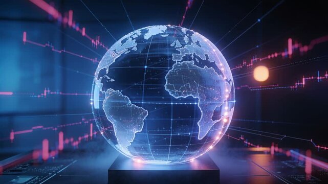 Rotating holographic globe showing live data in dark tech studio with pink traces, console booting