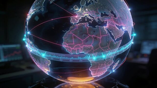 Activating telemetry, 3D globe rotating clockwise in control room for live data, pulsing band