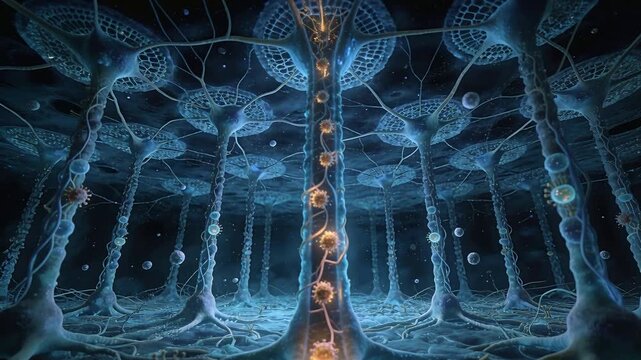 Pulsing fiber sending glowing nodes upward after base spark, propagating signal in neural lattice