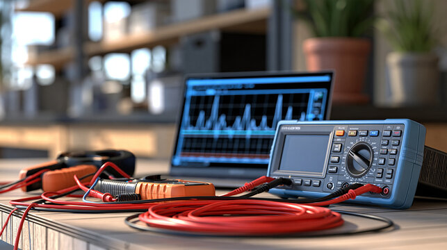 Digital oscilloscope, current clamp, multimeter, and coiled test leads arranged neatly on an electronics laboratory workbench, realistic equipment textures, electrical engineering