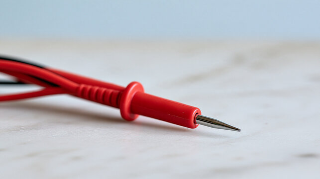 Red multimeter probe with a sharp metallic tip resting diagonally on a pale marble work surface, minimal composition and soft natural shadows, electrical testing accessory,