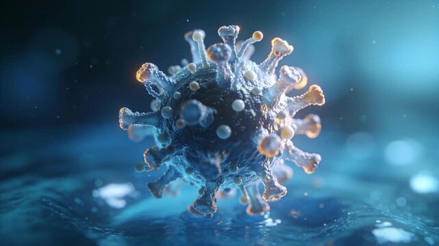 Rotating virus floating above microscale gel as camera focus shifts, revealing spikes for study