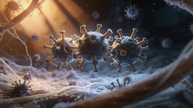 Drifting triple-virus cluster rotating toward fibrous matrix while camera zooming revealing spikes