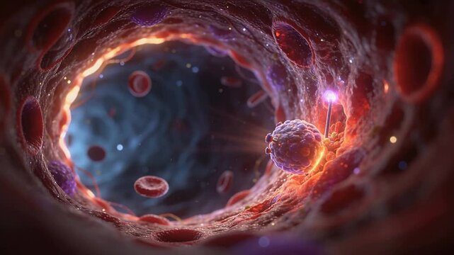 Extending anchored particle projecting filament toward central virus in lumen, seeking contact