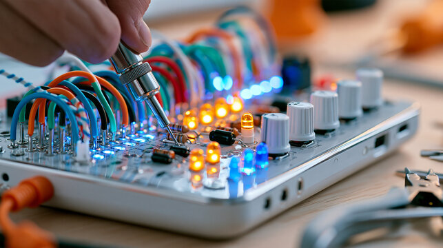 Disassembled electronic device on a workbench with colorful internal wires, illuminated indicator lights, small connectors, and diagnostic tools, realistic repair workshop,