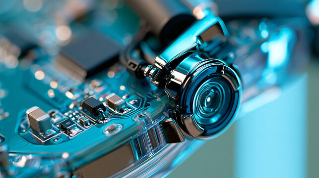 Macro view of a wearable heart rate sensor circuit board featuring miniature optical components, precision solder joints, and translucent housing under cyan laboratory lighting,