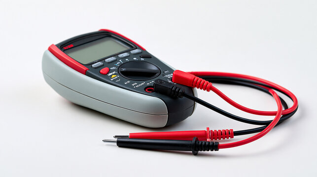 Digital multimeter with red and black probes positioned parallel on a pure white studio background, crisp shadows and realistic surface texture, electrical testing instrument,