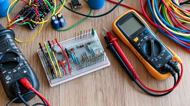 Electronics workbench with soldering iron, multimeter, breadboard, jumper wires, capacitors, and small circuit modules, overhead composition, DIY electronics projects, circuit