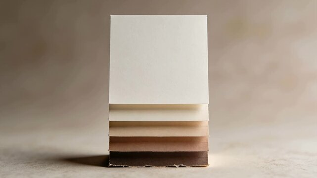 Starting white top square tilting on beige table, revealing paper layers and torn cardboard base