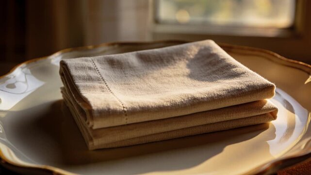 Shifting light sliding across napkin stack on plate by window, camera pushing in revealing texture