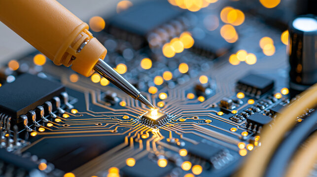 Macro photograph of a precision multimeter probe touching a tiny illuminated LED component on a dark printed circuit board, shallow depth of field, electronic component testing,