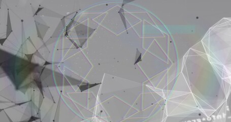 Rotating central polygonal ring showing sheer panels on gray canvas, with wire mesh and faint text © vectorfusionart