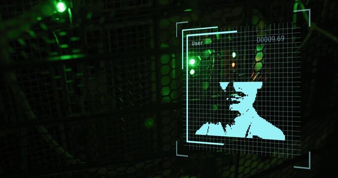 Projecting holographic-UI cyan pixelart face at rack mesh green-LEDs label User,000009