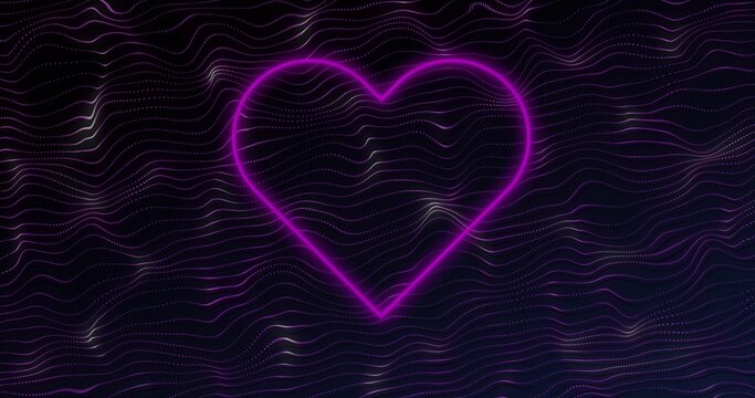 Glowing neon heart-shaped outline hovering in abstract virtual field, with dotted waveform bands
