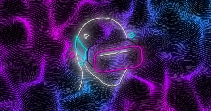 Glowing neon head wearing magenta VR headset, floating in cyberspace with dotted mesh and shapes