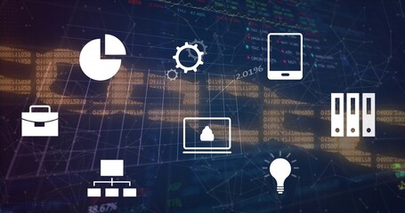 Showing white tech icons floating across digital backdrop with pie chart, gear, tablet © vectorfusionart