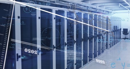 Stretching row of glass cabinets with servers down data center aisle, with holographic diagrams © vectorfusionart