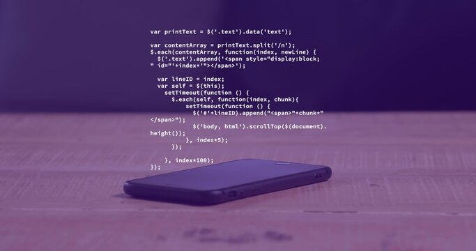Lying phone in dark case resting on wood tabletop, studio showing white code over purple backdrop