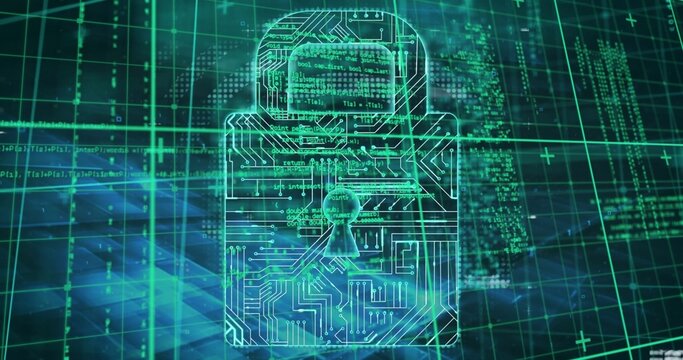 Glowing stylized padlock icon showing circuit traces and keyhole in cyberspace panel with code