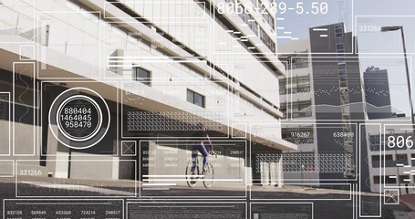 Cycling mid-adult woman in purple jacket and helmet across plaza with bicycle, bag and AR overlays © vectorfusionart