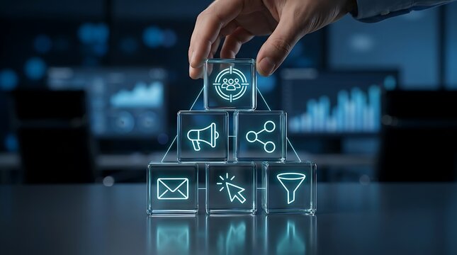 A hand placing a glowing icon cube representing targeted audience on top of a digital marketing strategy pyramid.