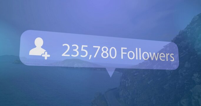 Displaying follower bubble over cliff and sea, showing user-plus icon and 235,780 followers