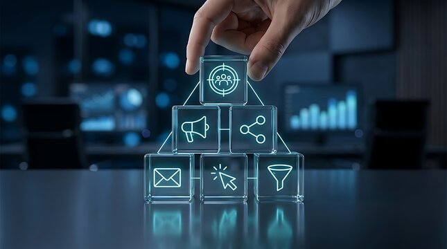 A hand placing a glowing icon cube representing targeted audience on top of a digital marketing strategy pyramid.