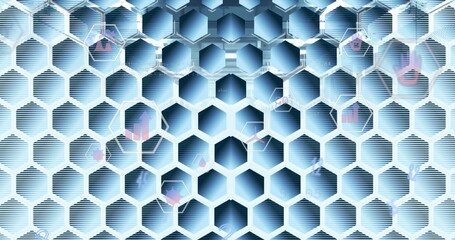 Glowing hex honeycomb grid showing beveled cells and scanlines in futuristic UI, with data icons © vectorfusionart