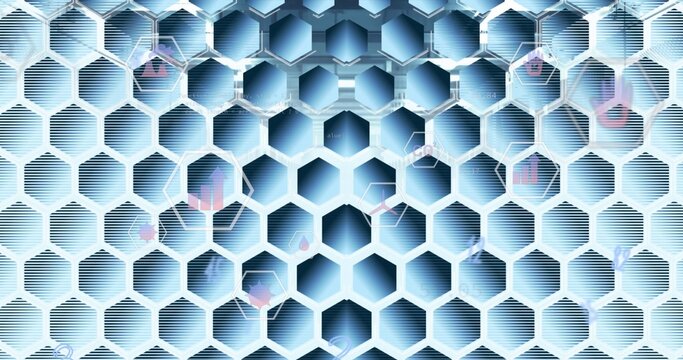 Glowing hex honeycomb grid showing beveled cells and scanlines in futuristic UI, with data icons