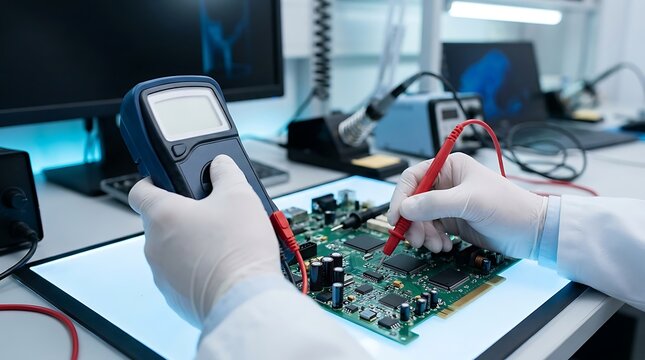 Close up of hands in white gloves using a multimeter to test electronic components on a green circuit board under bright laboratory lighting.