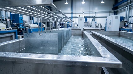 Industrial production line for metal surface treatment with parts being lowered into chemical bath tanks for plating process.