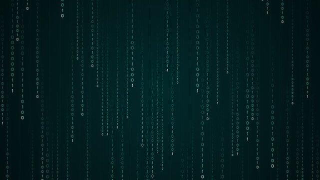 Digital rain of binary code cascading down a dark teal background representing data flow and technology