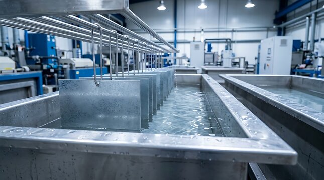 Industrial production line for metal surface treatment with parts being lowered into chemical bath tanks for plating process.