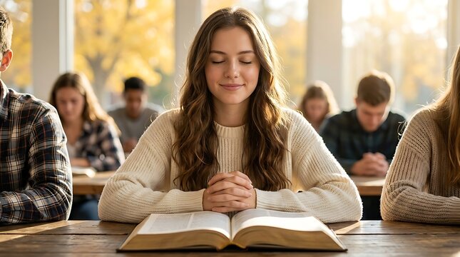 Young female student with long brown hair wearing a white sweater sits at a wooden table with hands clasped over a book.