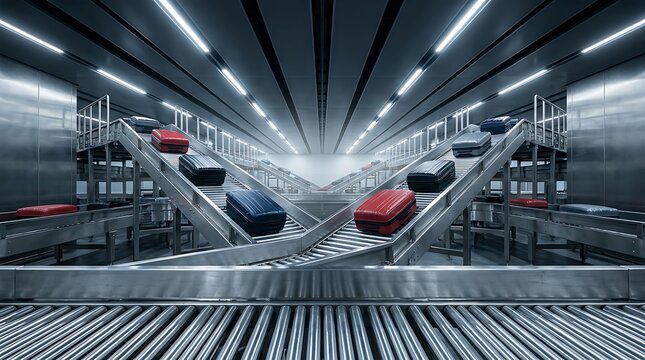 Airport baggage conveyor system with red and blue suitcases moving on metal rollers in modern industrial interior.