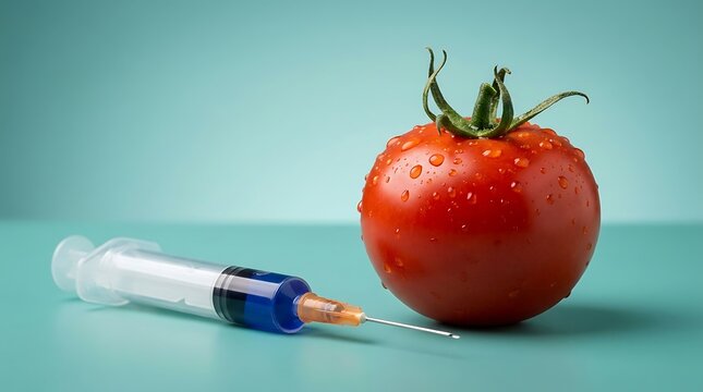 Close-up of syringe with blue liquid next to fresh red tomato with water droplets on teal background.