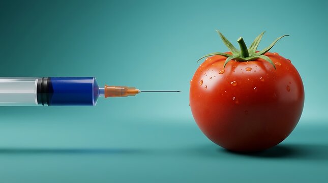 A single red tomato with water droplets on its skin is being approached by a medical syringe filled with blue liquid against a teal background.