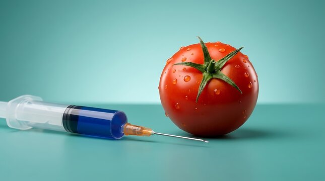 A single red tomato with water droplets on its skin is resting next to a medical syringe filled with blue liquid against a teal background.