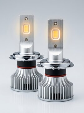 Pair of modern car led headlight bulbs with bright white light glowing and aluminum heat sink on light gray background for automotive aftermarket upgrades.