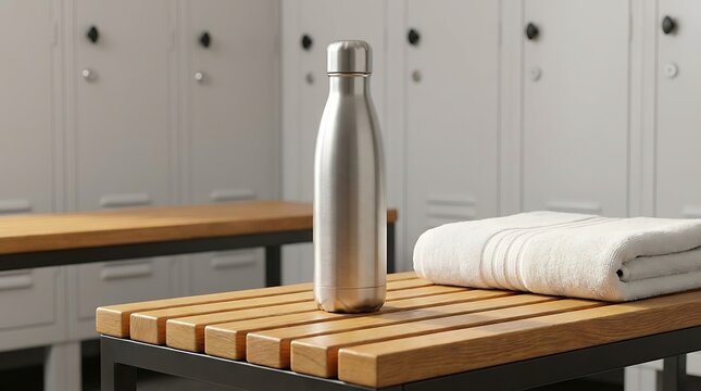Silver insulated water bottle and folded white towel on wooden slatted bench in locker room with gray lockers.
