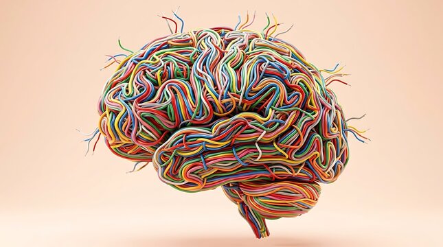 Colorful tangled wires forming human brain shape representing connections learning or neural network activity.