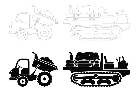 Industrial heavy machinery including dump truck and tracked carrier vehicle