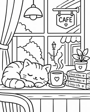 Black and white line art coloring page of a cute sleeping cat in a cozy cafe by a window for kids and adults, isolated on white background